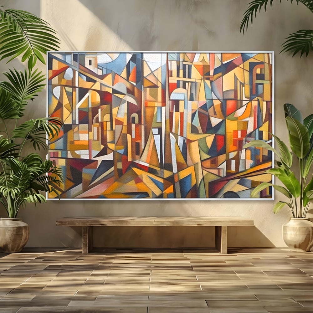 Tablou canvas cu tablou abstract cu peisaj urban, in rama de aluminiu argintiu